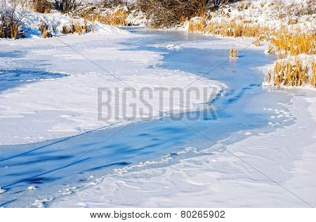 Pond covered in snow and ice