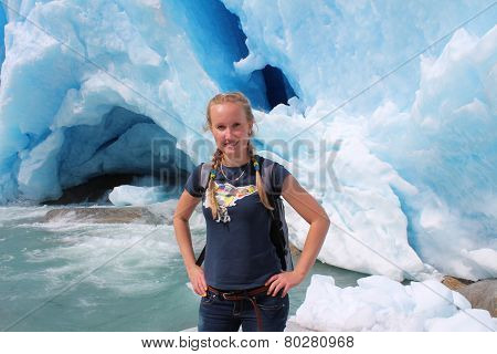 Young woman on the Nigardsbreen, glacier in Norway.