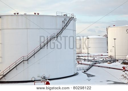 White Tanks In Tank Farm With Snow In Winter