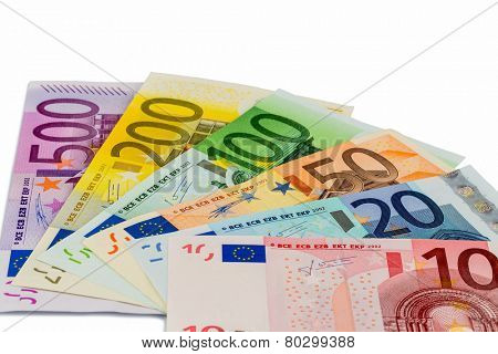 many different euro bills. photo icon for wealth and investment.