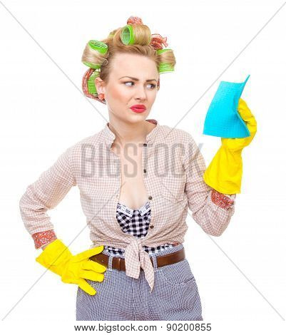 Funny Young Unhappy Housewife With Gloves Holding Rag / Wipe, Isolated On White. Pin-up Girl