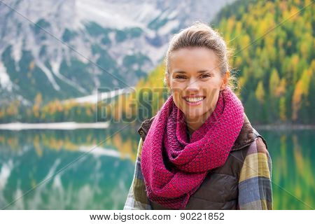 Portrait Of A Smiling Woman On Lake Bries In The Autumn