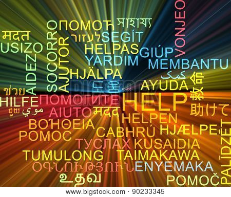 Background concept wordcloud multilanguage international many language illustration of help glowing light