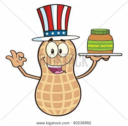 American Peanut Cartoon Character Holding A Jar Of Peanut Butter