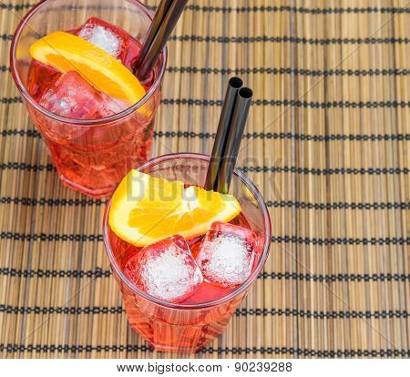Top Of View Of Spritz Aperitif Aperol Cocktail With Orange Slices And Ice Cubes