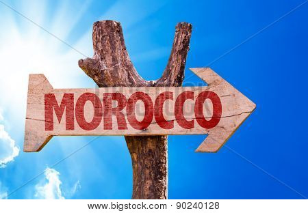 Morocco wooden sign with sky background