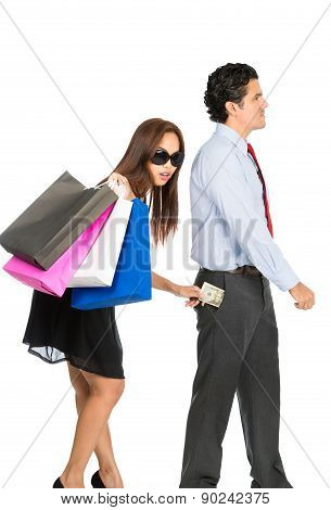Asian Wife Stealing Money Husband Pocket Walking