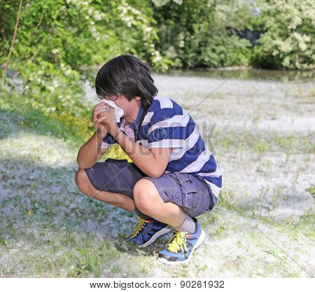 Boy With Pollen Allergy With White Handkerchief