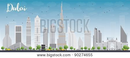 Dubai City skyline with gray skyscrapers and blue sky. Vector illustration