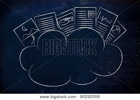 Cloud Computing, Funny Documents On Top Of A Cloud