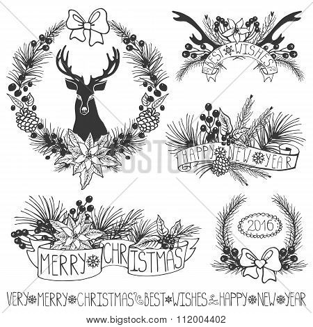 Christmas decor.Branches,puansetiya,ribbons.Black