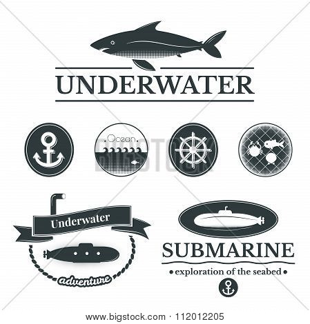 Set of labels with underwater illustrations