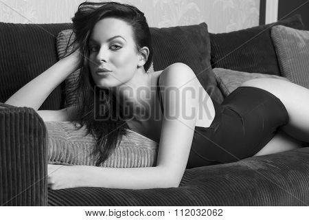 Allure Woman On Comfortable Sofa Bw Images