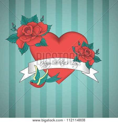 Valentines Day vintage card with red heart decorated with bird and roses.