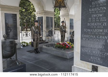 Warsaw, Poland - July, 08: The Tomb Of The Unknown Soldier At Pilsudski Square, On July 08, 2015. To