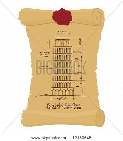 Tower Of Pisa Old Scroll. Ancient Drawing Of  Leaning Scheme Of Ancient Architectural Constructions