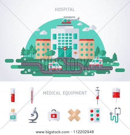 City Hospital Building with Helicopter