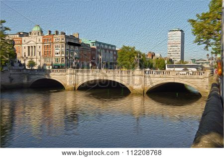 Oil Painting Most Famous Bridge In Ireland,o'connell Bridge,dublin City Centre
