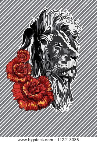 Lion with roses Poster. Vector.
