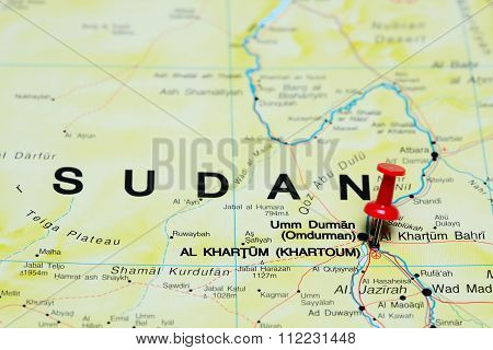 Khartoum pinned on a map of Africa