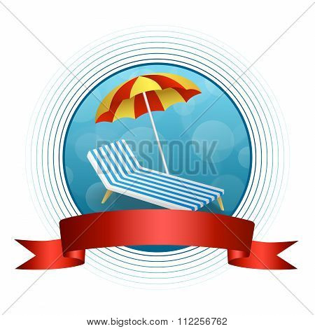 Abstract background summer beach vacation deck chair umbrella blue yellow circle frame red ribbon