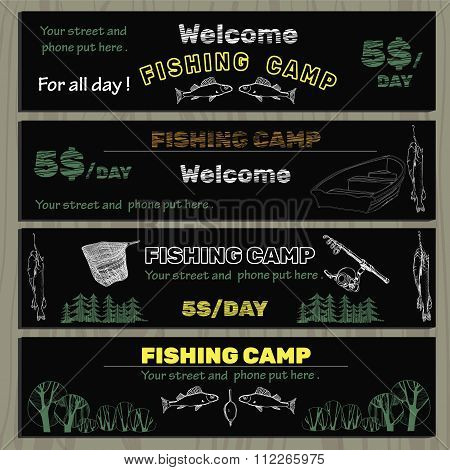 set of chalk board invitation for fishing in the camp
