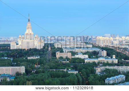 panoramic view of residential area of city with fireworks during celebration of Victory Day 