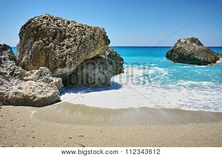 Blue waters of Megali Petra Beach, Lefkada