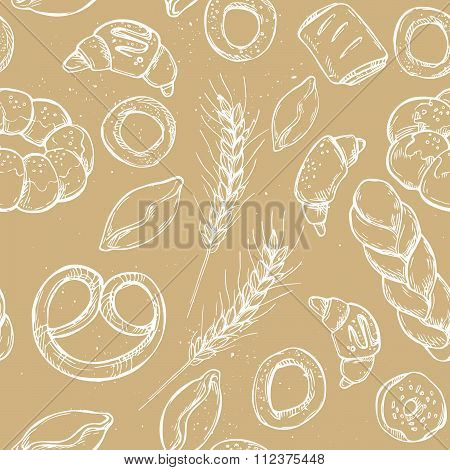 Hand Drawn Vintage Vector Seamless Pattern - Bakery Shop. Grocery Store. Organic Food.