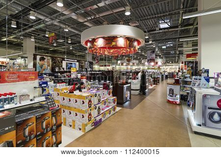 Khimki, Russia - December 22 2015. Interior Mvideo large chain stores selling electronics and househ