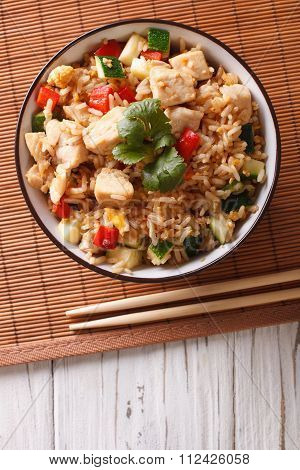 Tyahan - Fried Rice With Chicken And Vegetables. Vertical Top View