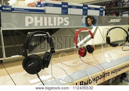 Khimki, Russia - December 22 2015. earphones in Mvideo large chain stores selling electronics and ho