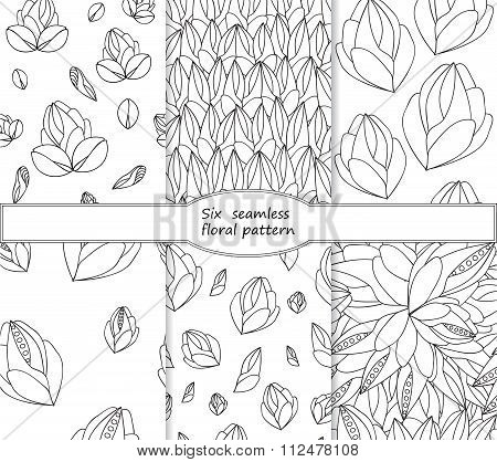 Set Of Stock Vector Seamless Doodle Floral Pattern. Black And White