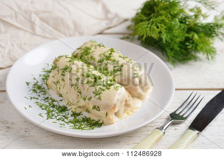 Stuffed Cabbage With White Sauce, Dill, Restaurant Supply