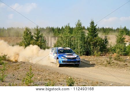 BAKAL, RUSSIA - AUGUST 13: Patrik Flodin's Subaru Impreza WRC (No. 1) competes at the annual Rally Southern Ural on August 13, 2010 in Bakal, Satka district, Chelyabinsk region, Russia.