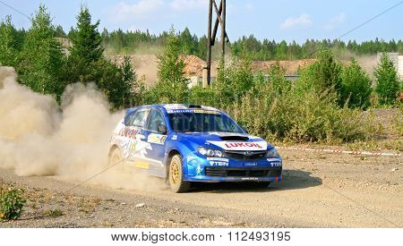 BAKAL, RUSSIA - AUGUST 13: Patrik Flodin's Subaru Impreza WRC (No. 1) competes at the annual Rally Southern Ural on August 13, 2010 in Bakal, Satka district, Chelyabinsk region, Russia.