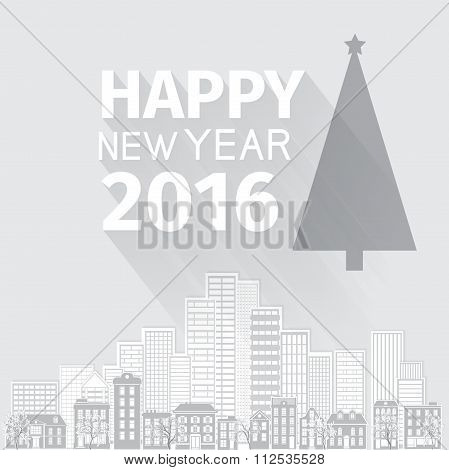 Happy New Year greetings card with white shadowed letters on light gray background