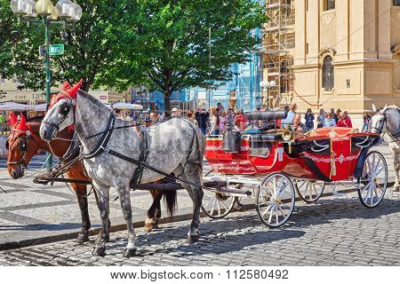 Prague, Czech Republic-september 12, 2015 Horses With Coach In  Prague On Street, People, Cetral Par