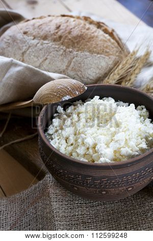 Rustic natural dairy products cottage cheese and bread