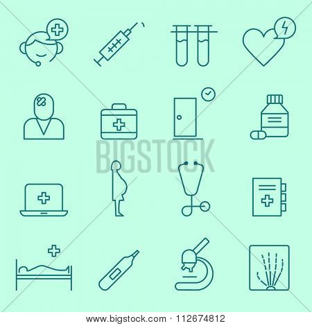 Medical and health care icons, thin line flat design