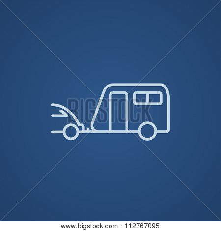 Car with caravan line icon for web, mobile and infographics. Vector light blue icon isolated on blue background.