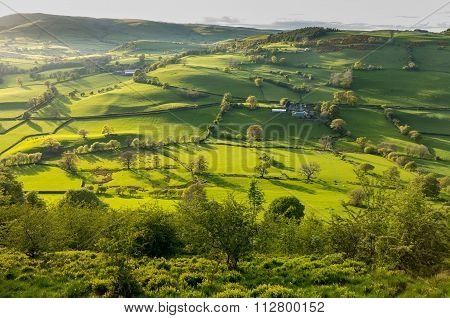 View Over Llangedwyn Valley With Fields And Meadows