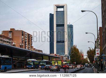 Madrid Business Skyscrapers And Bus Terminal At Dawn, In Winter