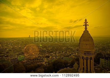Rooftop And Aerial View From Sacre Coeur Basilica In Sunset Light