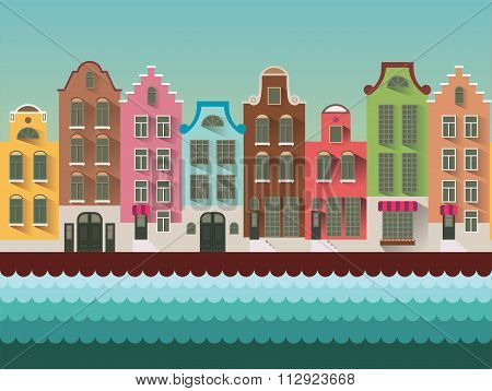 Colorful Amsterdam flat streets and channels seamless vector pattern.Colorful Amsterdam flat streets