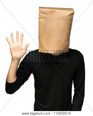 young man covering his head using a paper bag