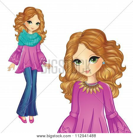 Girl In Purple Tunic And Jeens