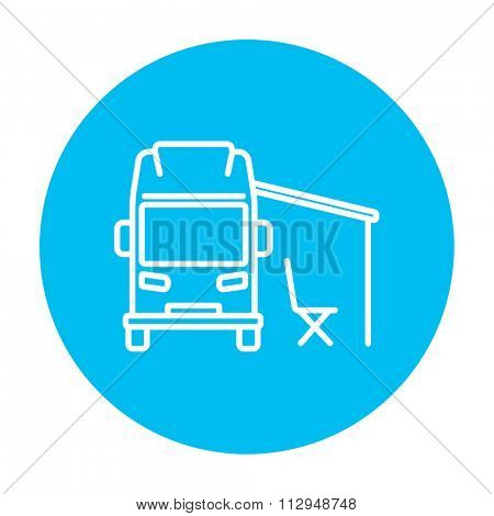 Motorhome with tent line icon for web, mobile and infographics. Vector white icon on the light blue circle isolated on white background.