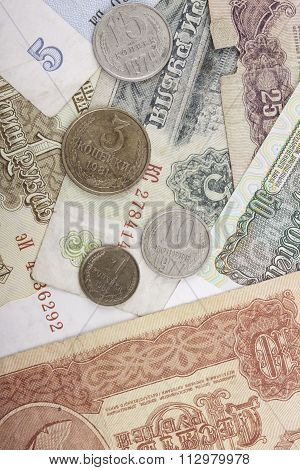 banknotes and coins obsolete rubles currency of the Soviet Union