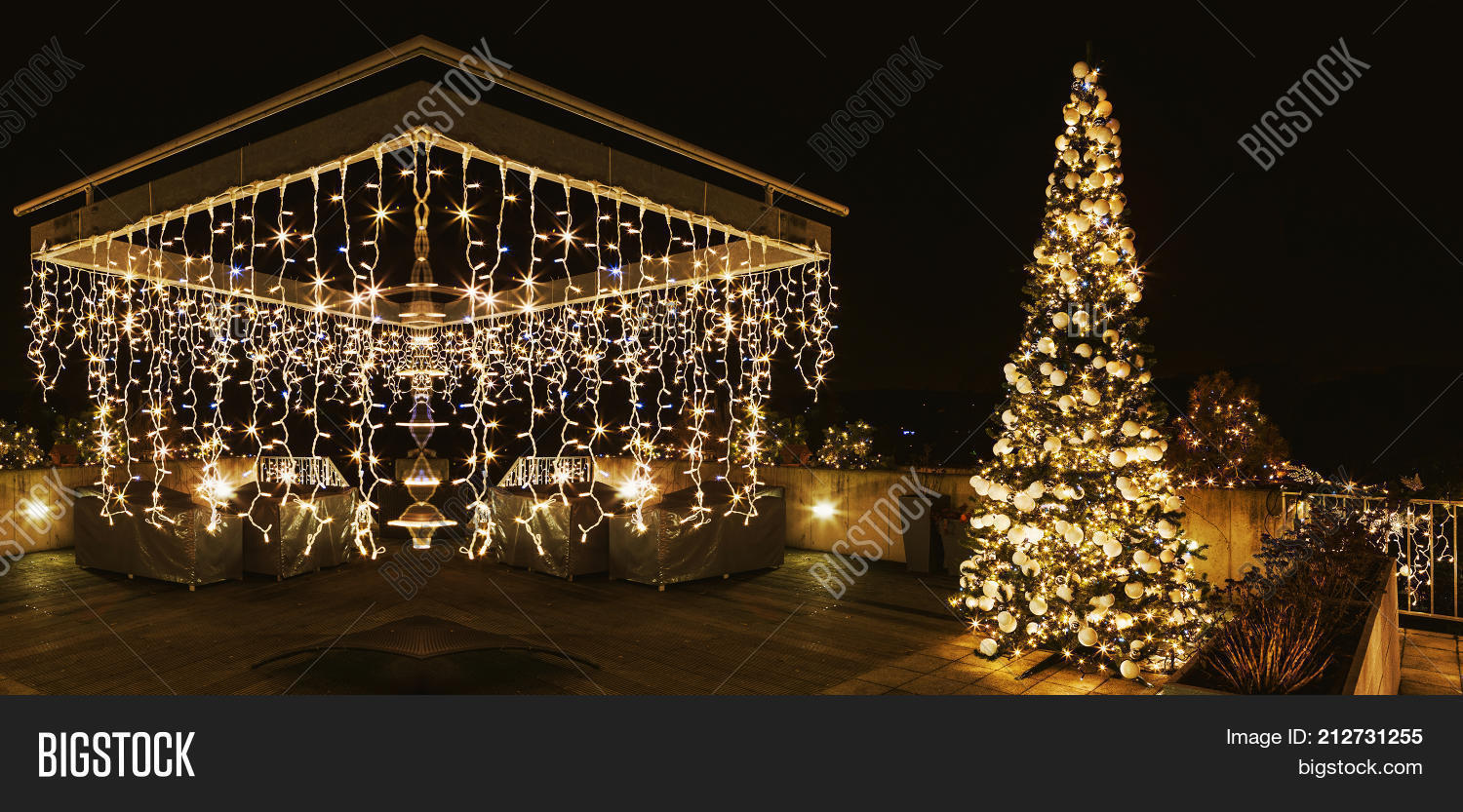 Engraved Christmas Image Photo Free Trial Stock Engraved Christmas Tree And Pergola On The Terrace Of House Ornate Lighted